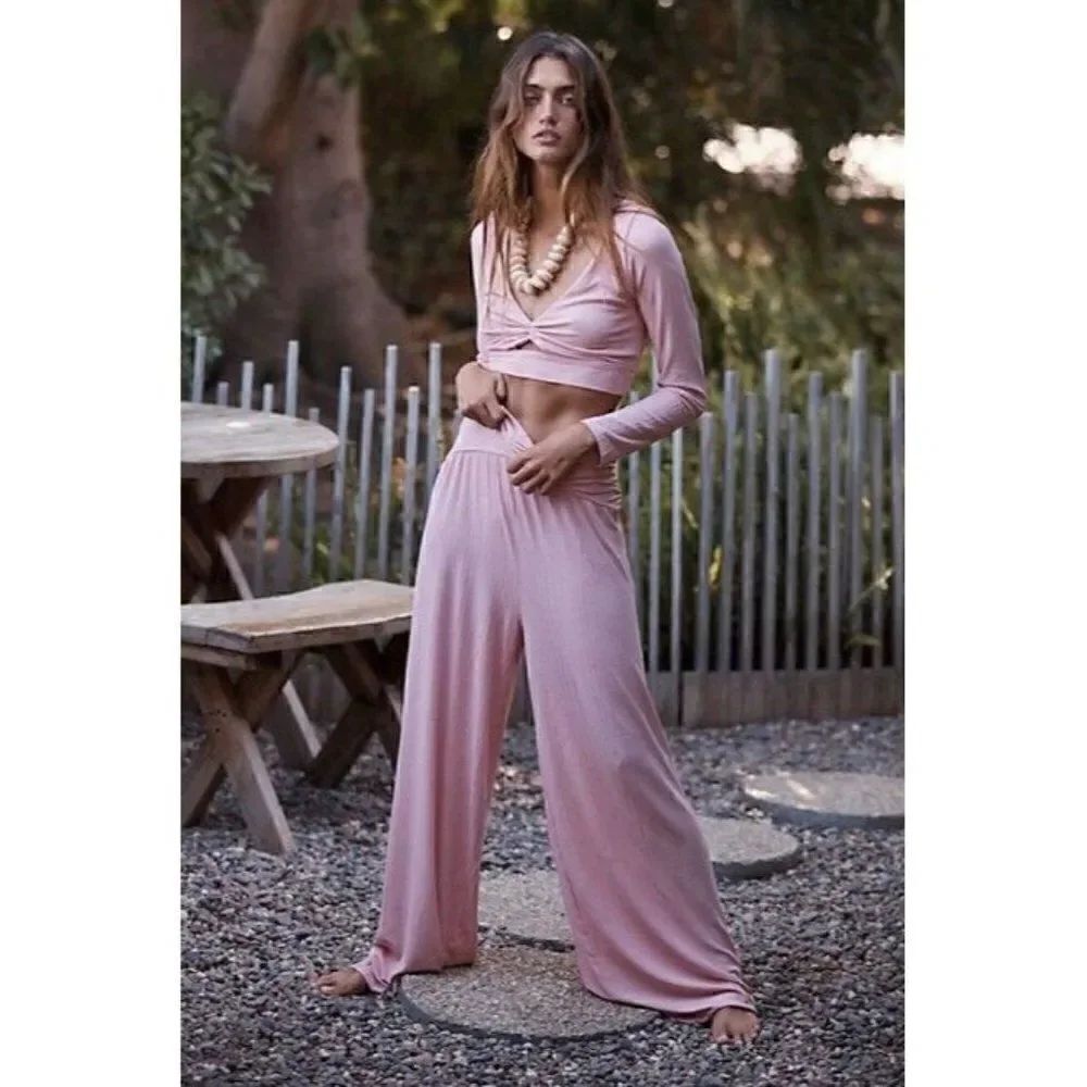 NEW FREE PEOPLE BEACH SELENA SET CROP TOP & WIDE LEG PANT SET SMOKED PINK
